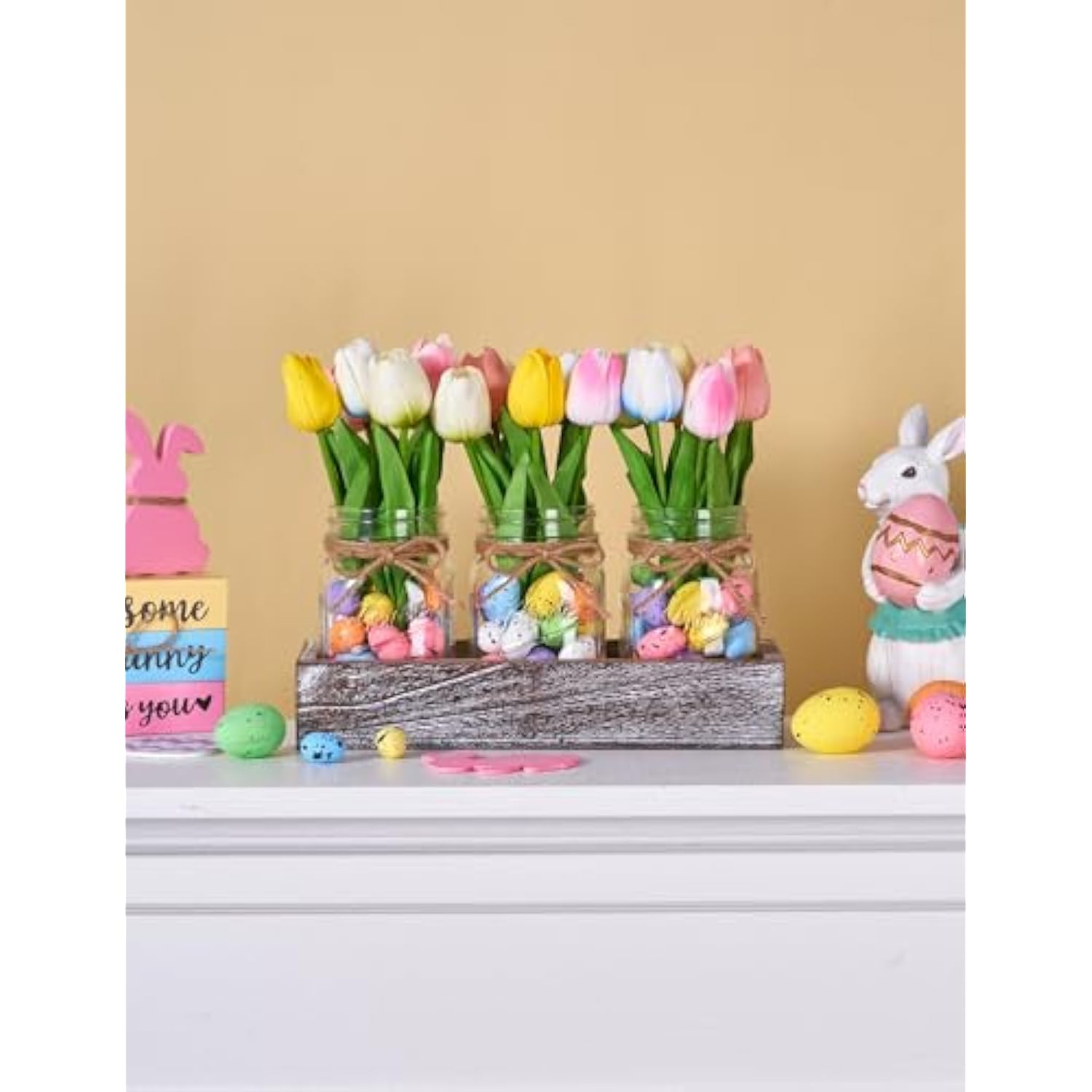 Mason Jar Spring Easter Table Decor, Centerpieces For Tables With Easter Eggs Decor, Farmhouse Wood Tray, 23 Pcs Easter Spring Decorations Indoor For Home Office Table