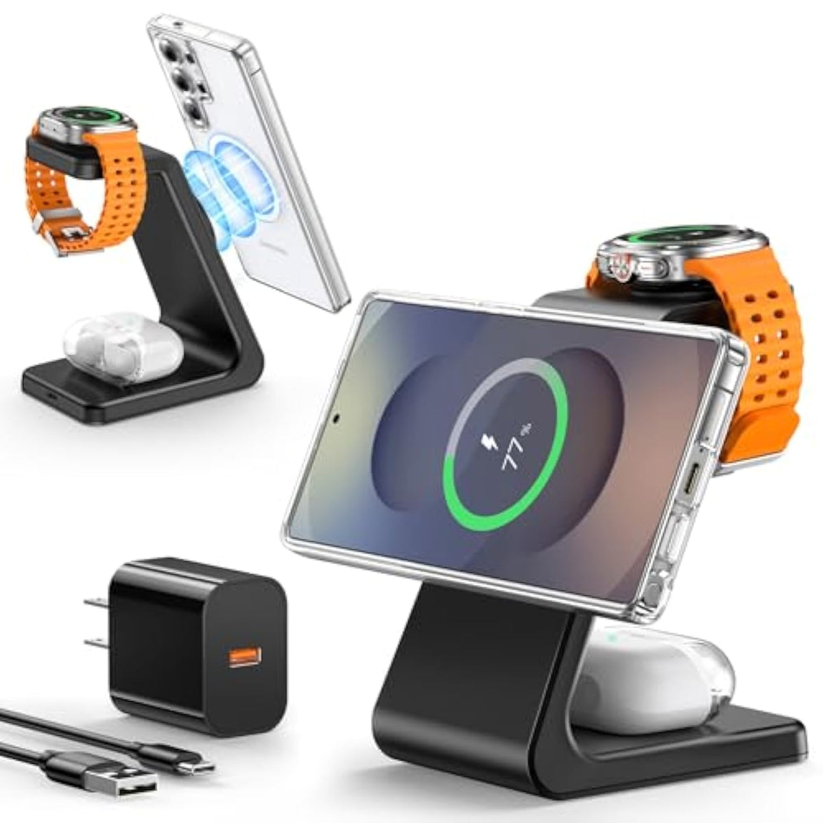 Magnetic Wireless Charger For Samsung, 3 In 1 Mag-Safe Samsung Charging Station For Samsung S24 Ultra Plus S24 S23 S22/Z Fold Flip 6/5/4/3, Galaxy Watch Charger For Galaxy Ultra/6/5/4, Galaxy Buds Pro