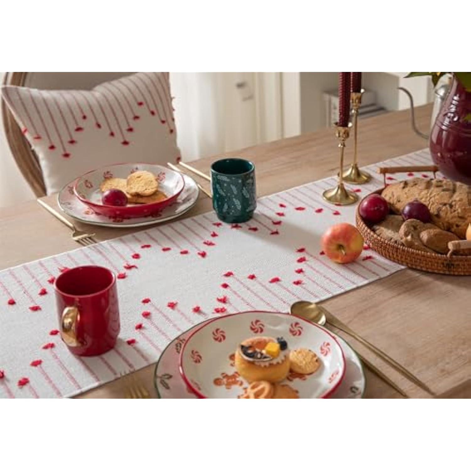 Christmas Table Runner 13 X 90 Inch Long Natural Cotton Woven Runner With Tassels For Home Dining Christmas Decorations, For Modern Farmhouse Holiday Boho Table Runner, Red And Beige