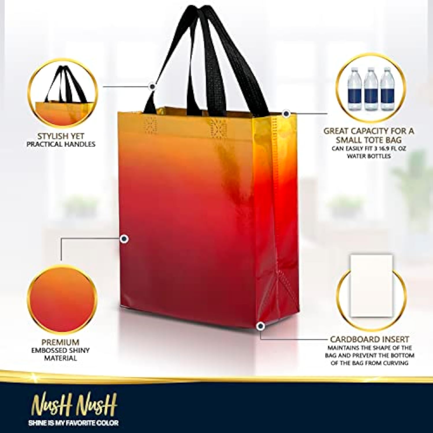 Rise Gradient Gift Bags Medium Size - Set Of 12 Sunset Yellow & Red Reusable Party Favor Bags With Handles In Bulk - Iridescent Finish - 8X4X10