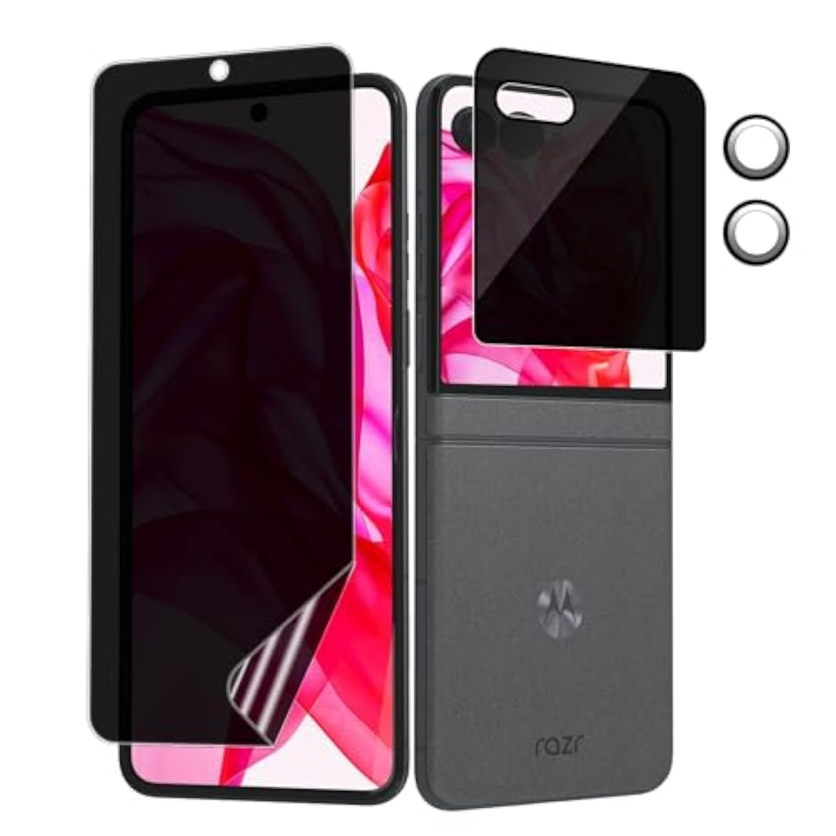 [1 Set] For Motorola Razr+ / Plus 2024 2025 Privacy Screen Protector, 1 Pack Internal Anti-Spy Film + 1 Pack Outer Privacy Glass Screen Protector + 2 Pcs Metal Camera Lens Protector, Case Friendly Black