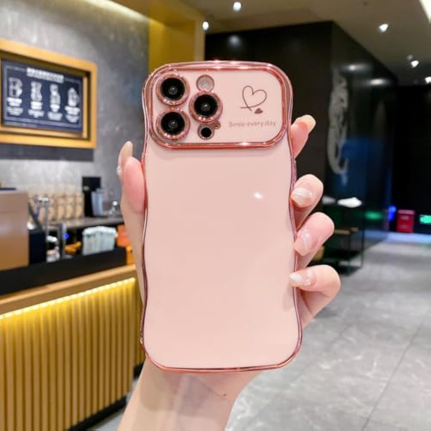 Compatible With Cute Iphone 16 Pro Max Case 6.9'', Pink Wave Frame Shape Phone Case With Love Heart Kickstand Raised Camera Protection Luxury Plating Shockproof Tpu Protective Cover For Women Girls