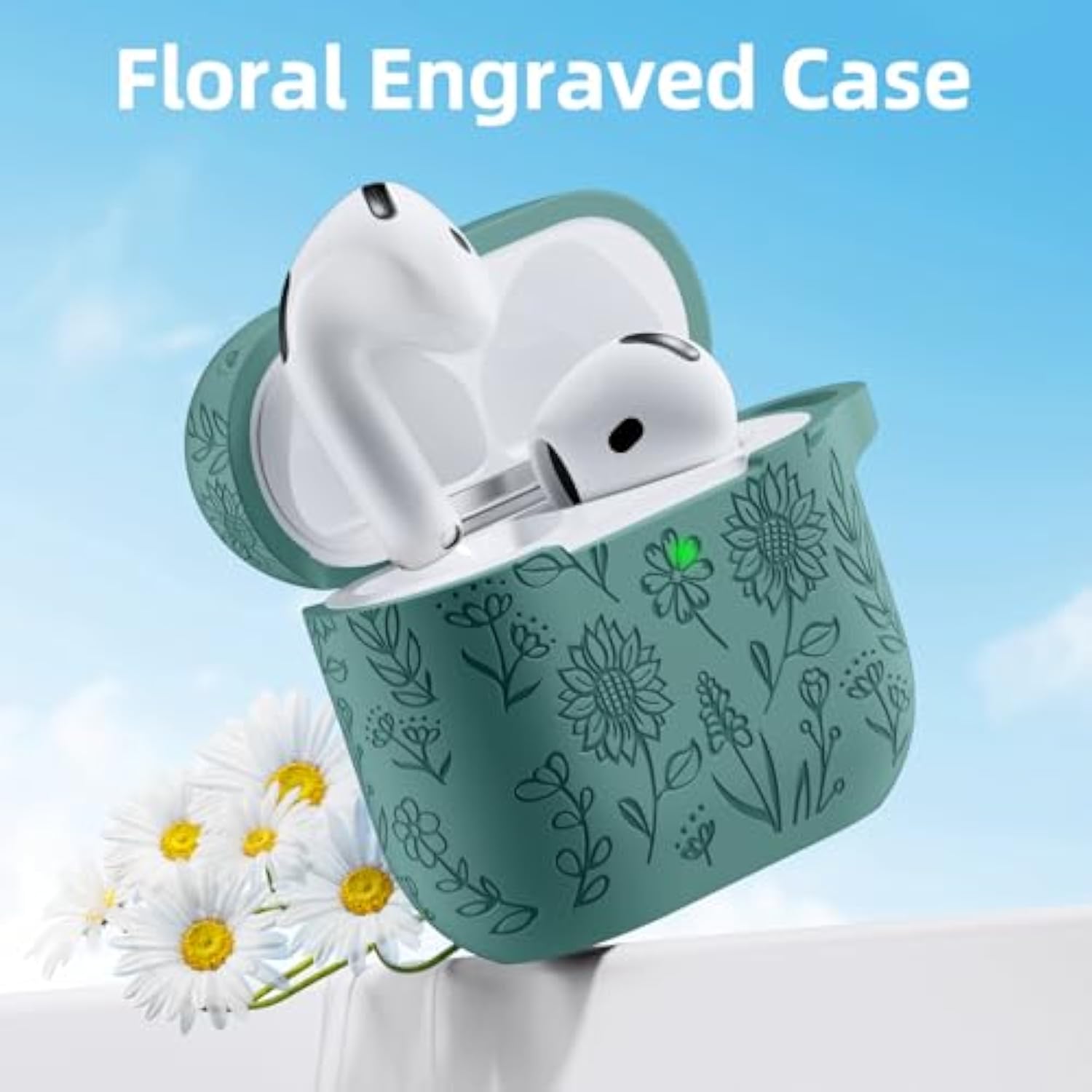 For Airpods 4 Case, Flower Engraved Case Compatible With Apple Airpods 4Th Generation Cases For Women, Cute Soft Silicone Full Protective Cases Cover With Cleaner Kit & Keychain, Pinegreen