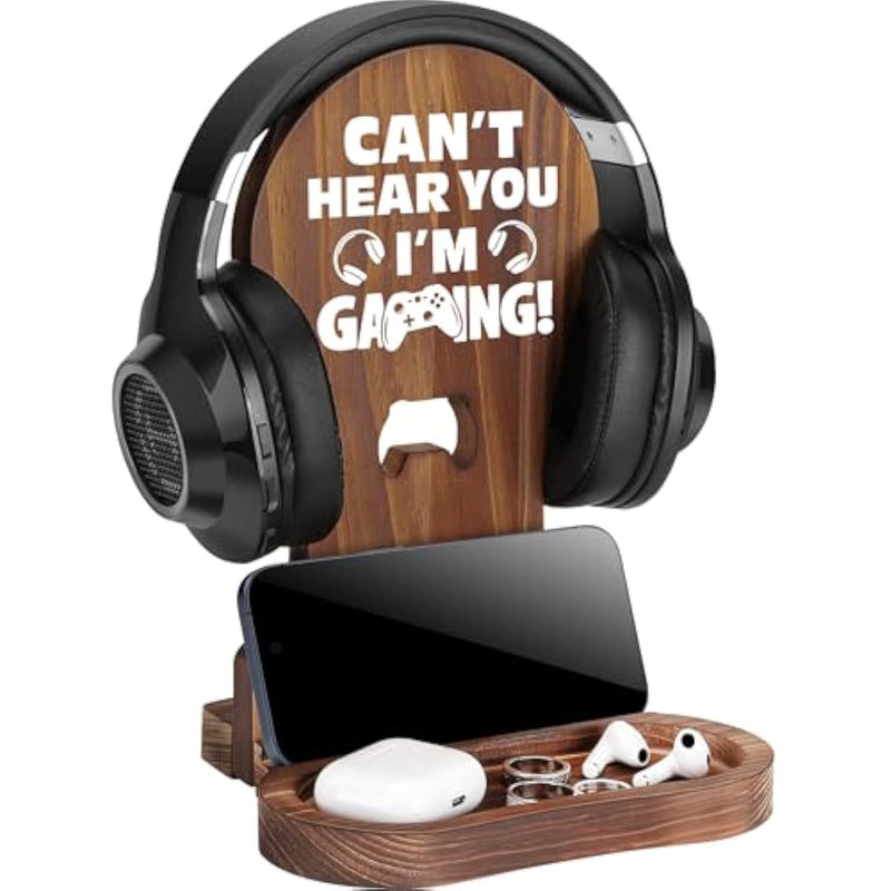-Gamer Gifts For Men Teenage Boy, Gamer Room Decor For Brother, Gaming Gifts For Son, Boyfriend, Husband, Gamer Room Accessories Stuff, Wooden Headset Stand - Can'T Hear You I'M Gaming