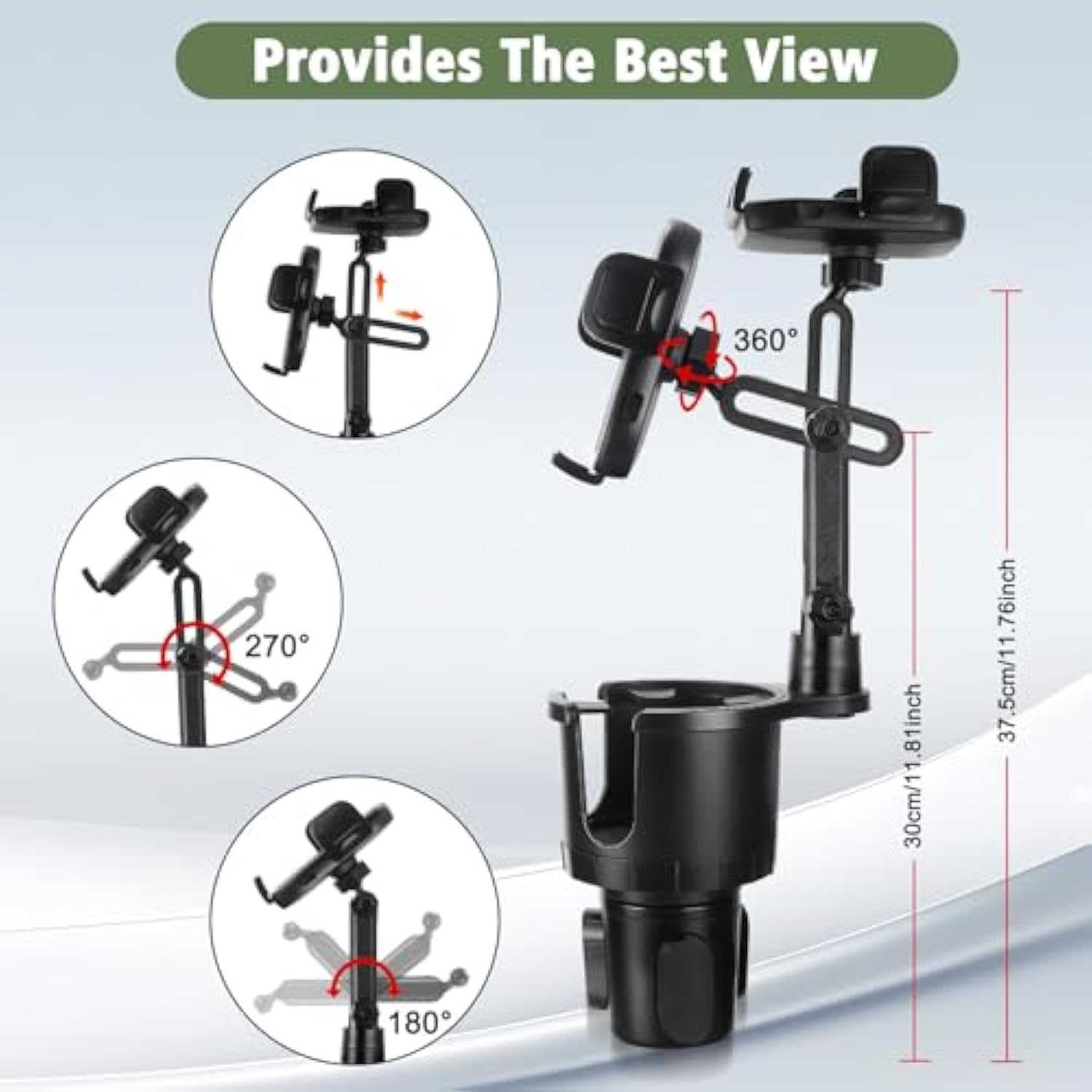 2 In 1 Phone Holder For Car With 360°Rotation & Long Arm Cup Holder Cell Phone Holder For Car Compatible With 4-7 Inches Smartphones