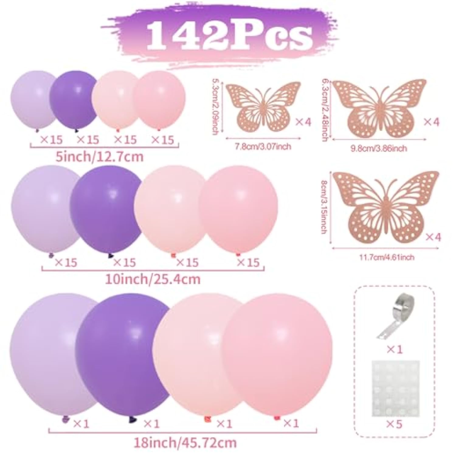 142pcs Pastel Pink Purple Balloon Arch Kit with Butterflies for Party Decorations