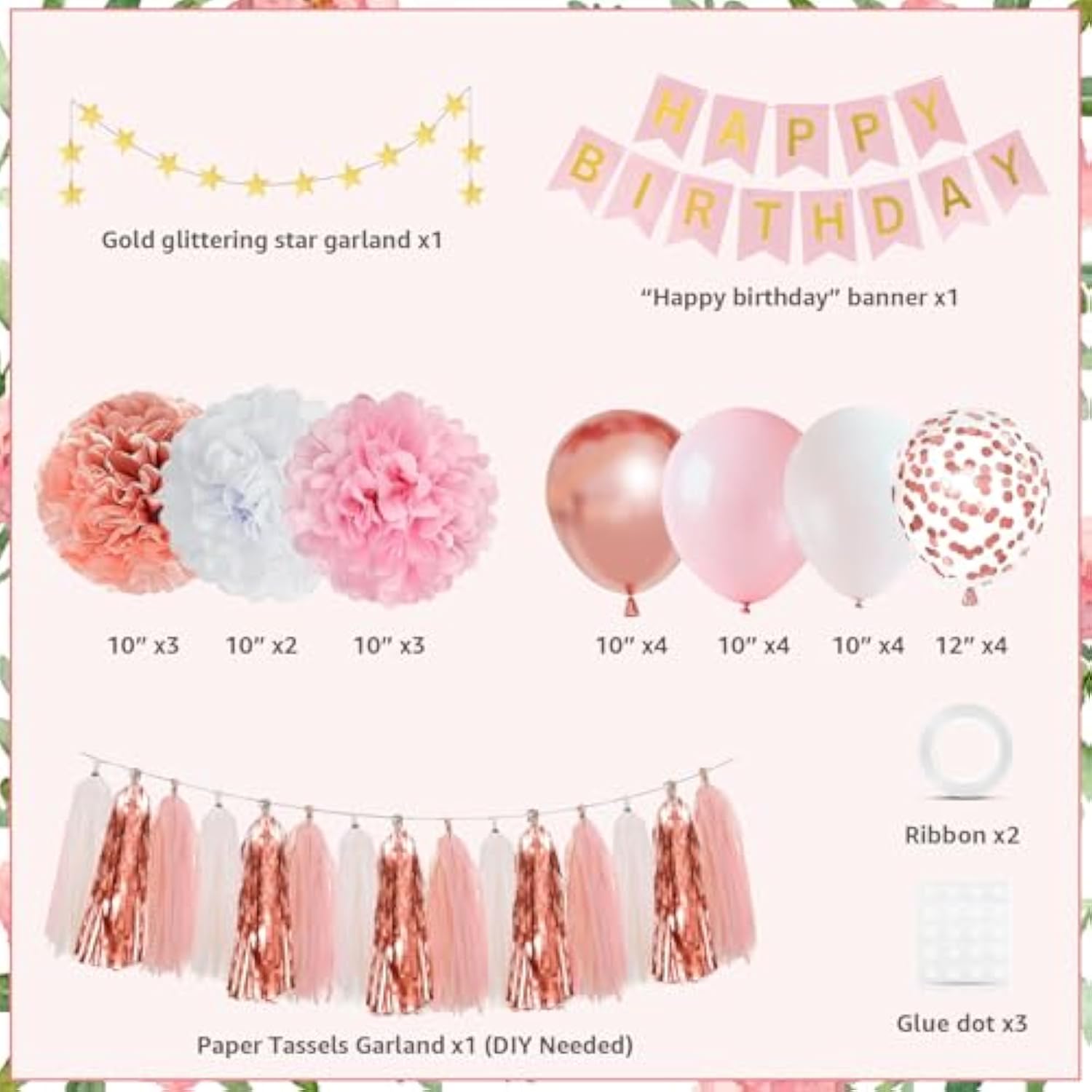 Pink Rose Gold Birthday Party Decorations Set, Rose Gold Glittery Happy Birthday Banner, Ballons Tissue Paper Pom, Star Garland And Tassel Garland For Party Decorations Girls Women