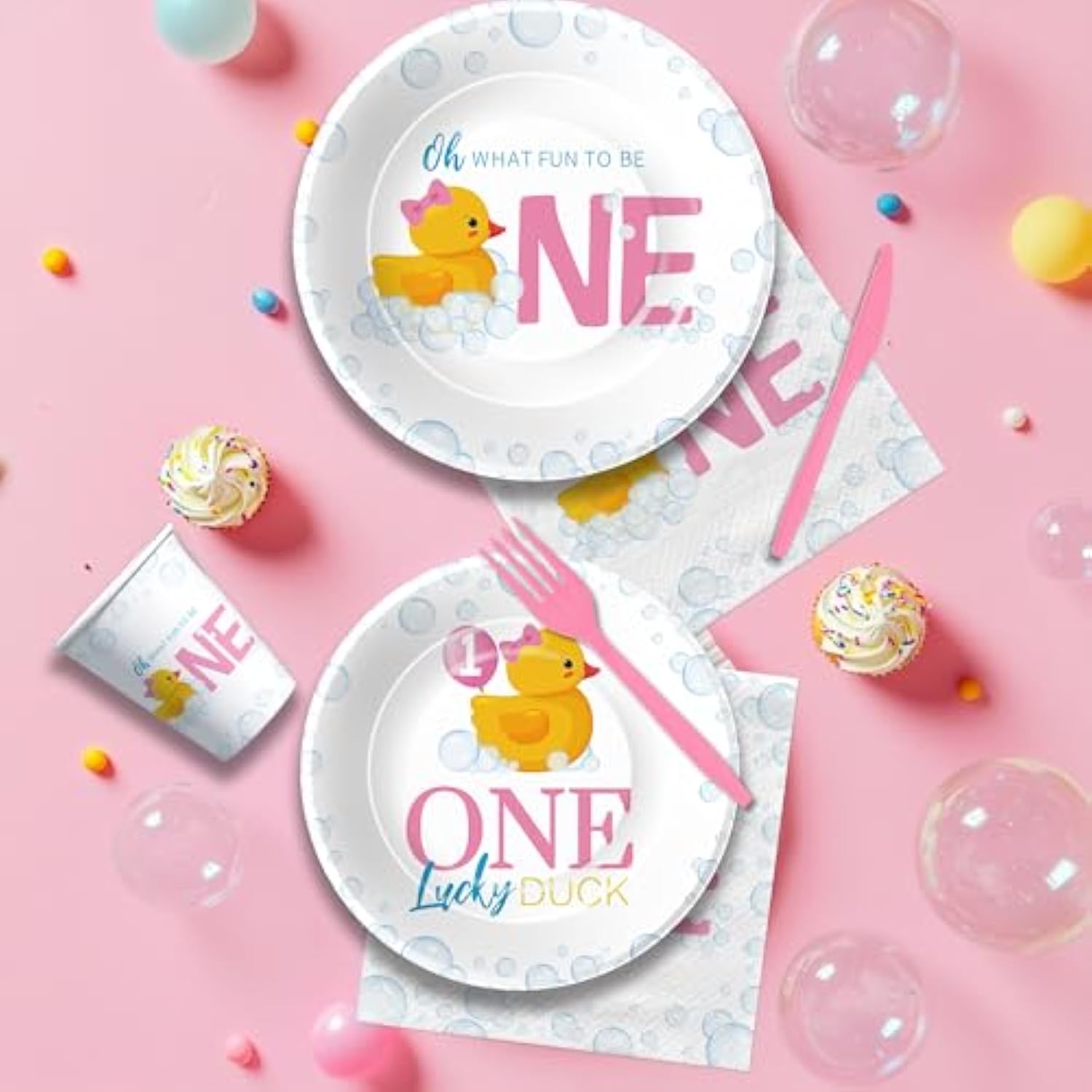 Rubber Duck 1St Birthday Decorations For Girl Tableware, Bubble Bath Theme Pink One Lucky Duck Birthday Party Supplies, Paper Plates, Cups, Napkins, Disposable Cutlery, Serves 24