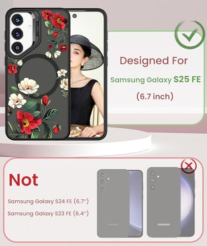 Magnetic for  Galaxy S25-FE Case Floral,Built-in Lens Stand, Screen Protector,Magnetic Translucent Matte Phone Cases,Shockproof Women Girls