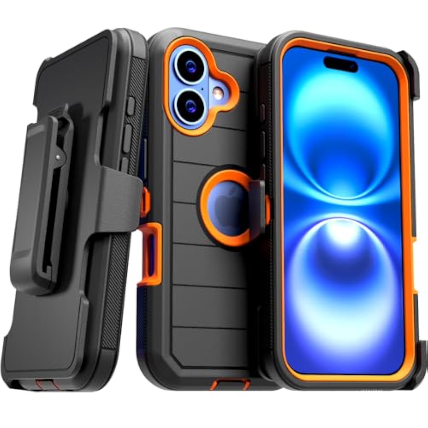 Designed For Iphone 16 Case With Belt Clip Holster & Kickstand, Screenless Dual-Layer Shockproof Phone Case - Black & Orange