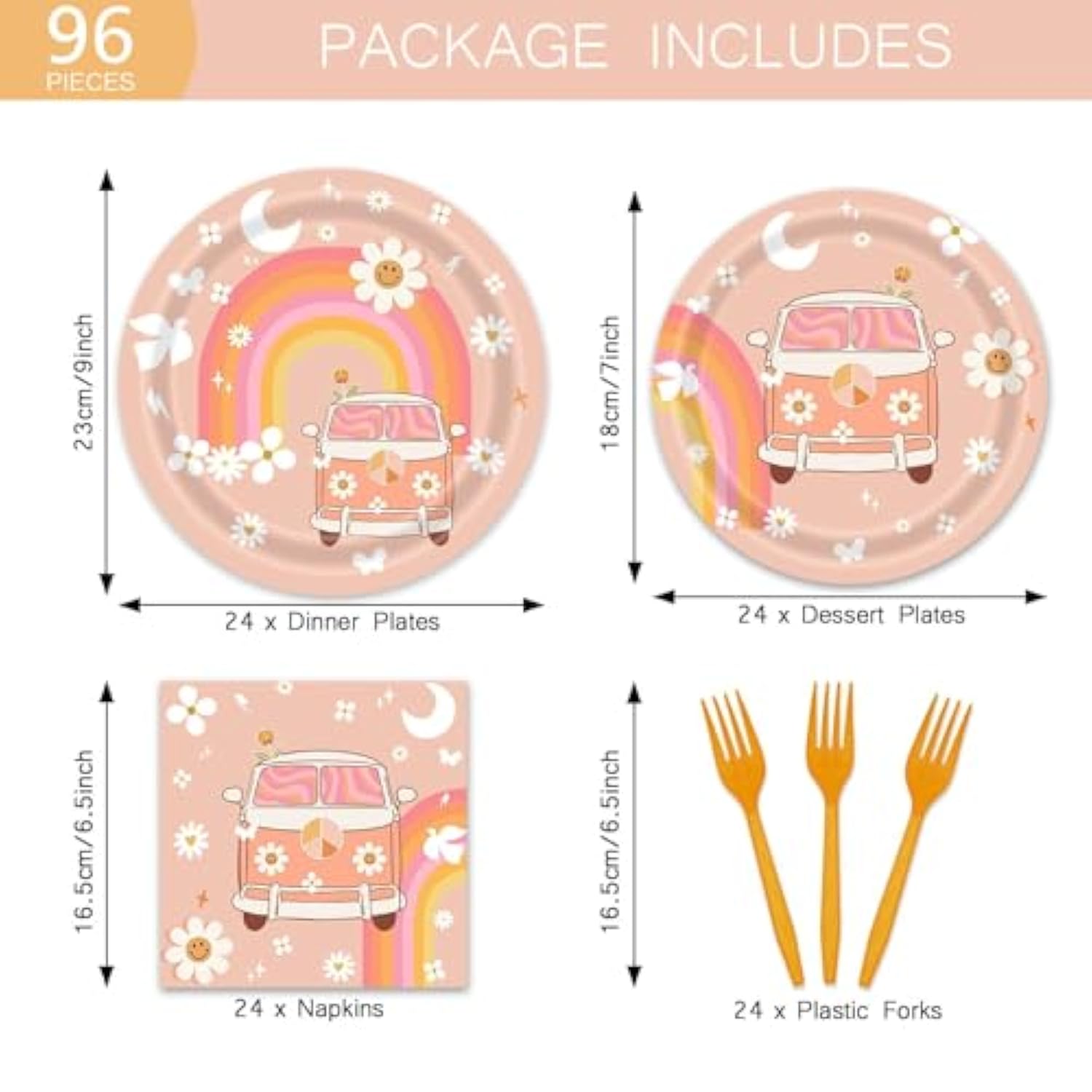 Groovy Party Tableware Set: Retro Daisy Plates, Napkins, Forks - 24 Guests