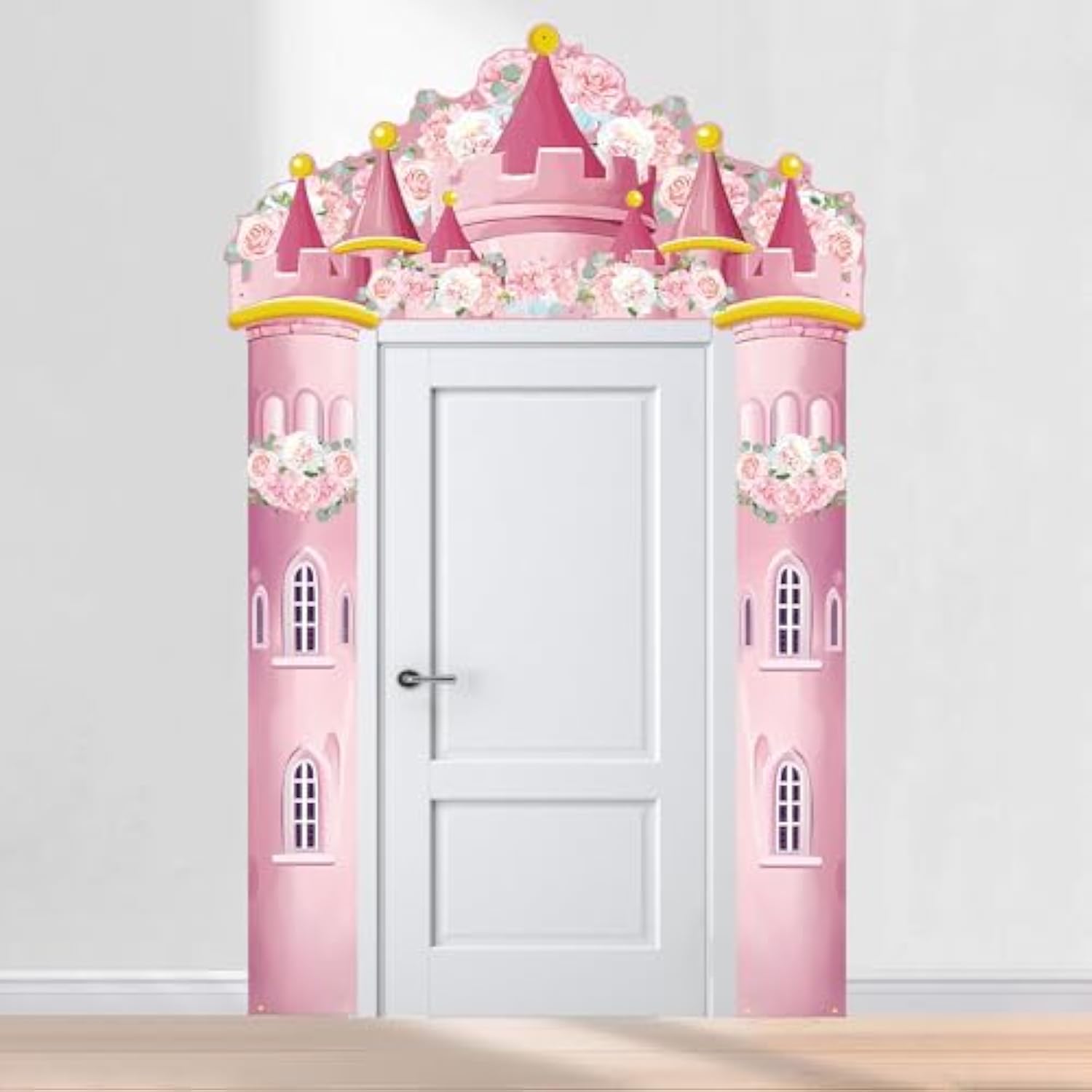 Princess Castle Door Banner – 3Pcs Pink Castle Backdrop With Floral Towers, Hanging Princess Photo Booth Backdrop For Girls Birthday Party Baby Shower Decorations