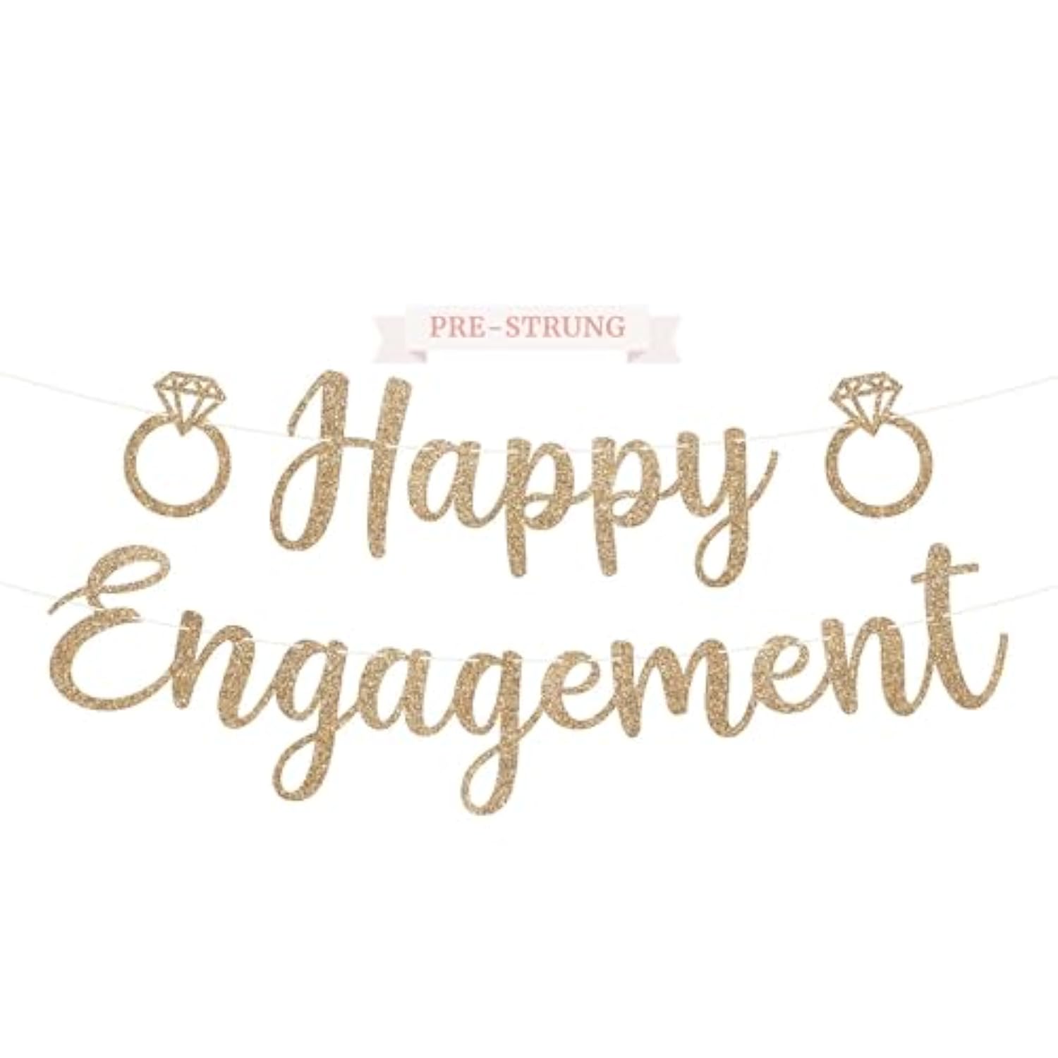 Pre-Strung Happy Engagement Banner - No Diy - Gold Glitter Wedding Engagement Bridal Shower Banner - Pre-Strung On 8 Ft Strands - Just Engaged, Bride To Be, She Said Yes Party Decorations - No Diy