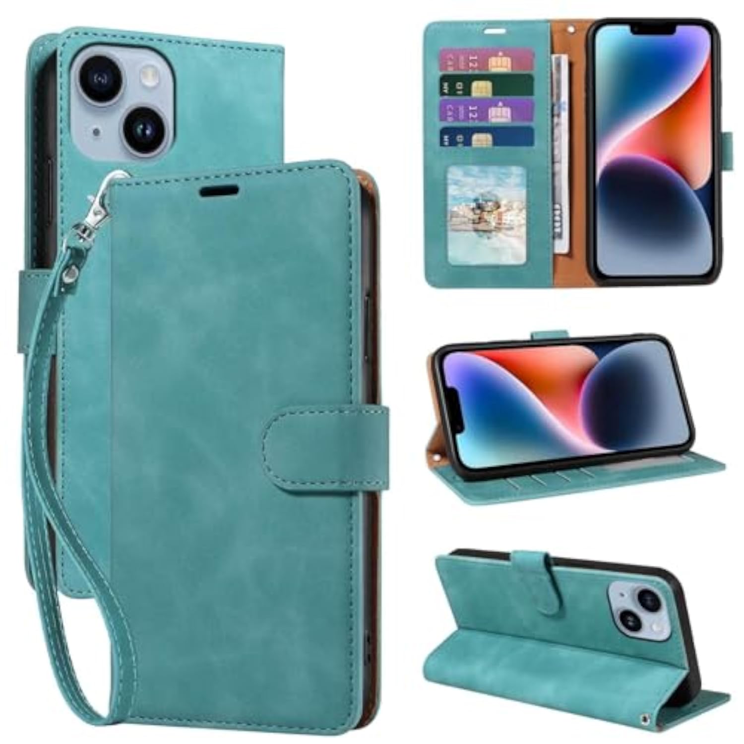 iPhone 14 Wallet Case with RFID Blocking and 4 Card Slots, Green Color