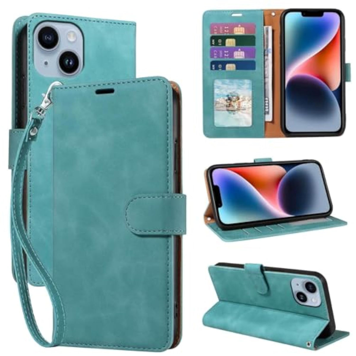 iPhone 14 Wallet Case with RFID Blocking and 4 Card Slots, Green Color