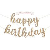 Pre-Strung Happy Birthday Banner - No Diy - Gold Glitter Birthday Party Banner In Script - Pre-Strung Garland On 6 Ft Strands - Gold Bday Party Decorations & Decor. Did We Mention No Diy