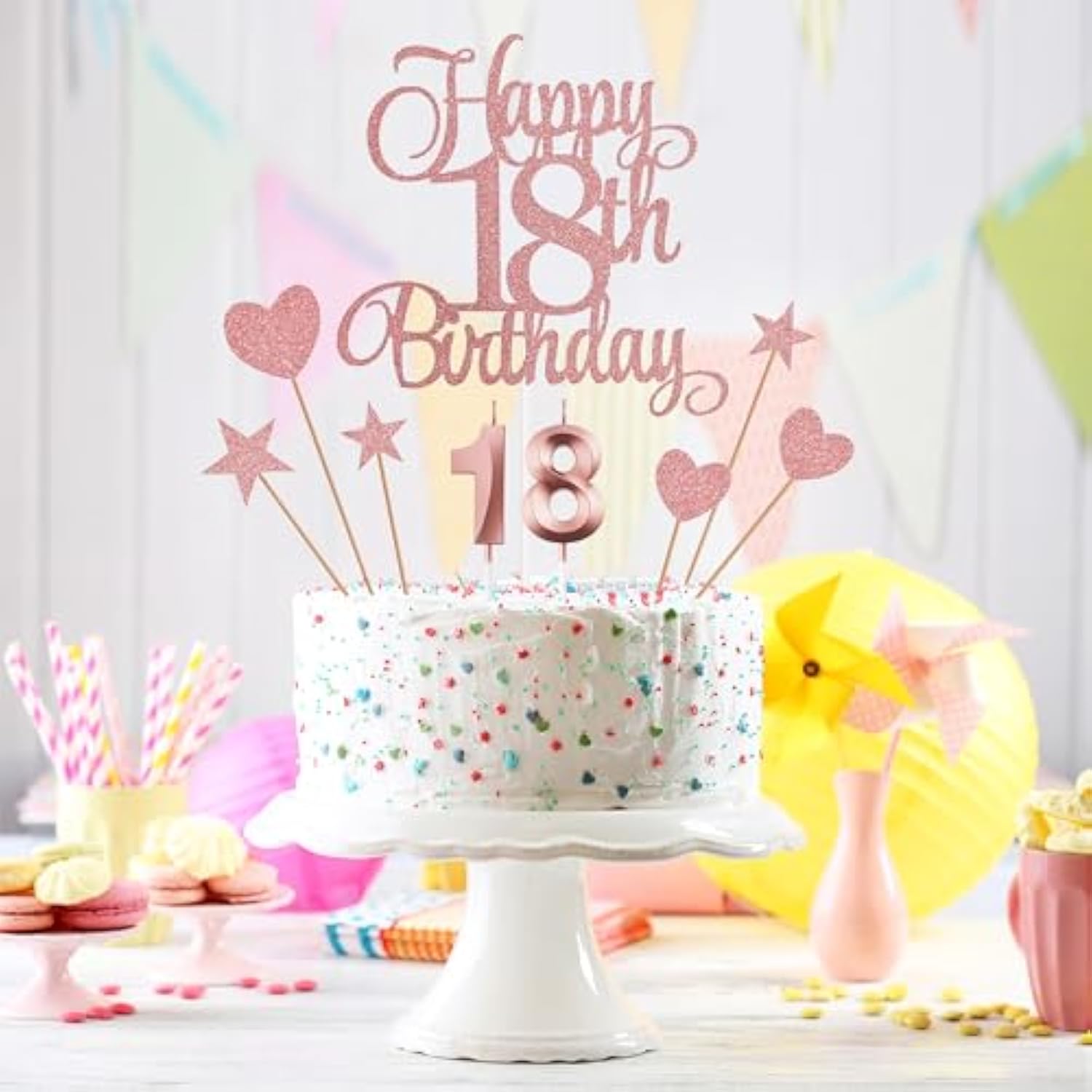 18th Birthday Cake Decorations Set with Numeral Candles & Glitter Toppers Rose Gold