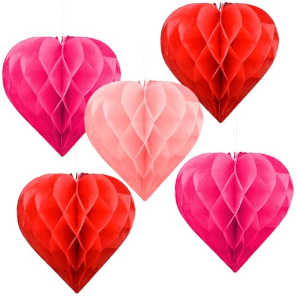 Valentine'S Day Party Decoration Set - 5 Pack 12In Heart Honeycomb & Ball Tissue Paper Pom Poms In Red, Love-Inspired Honeycomb Hearts Ideal For Wedding & Classroom Decorations