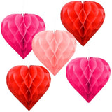Valentine'S Day Party Decoration Set - 5 Pack 12In Heart Honeycomb & Ball Tissue Paper Pom Poms In Red, Love-Inspired Honeycomb Hearts Ideal For Wedding & Classroom Decorations