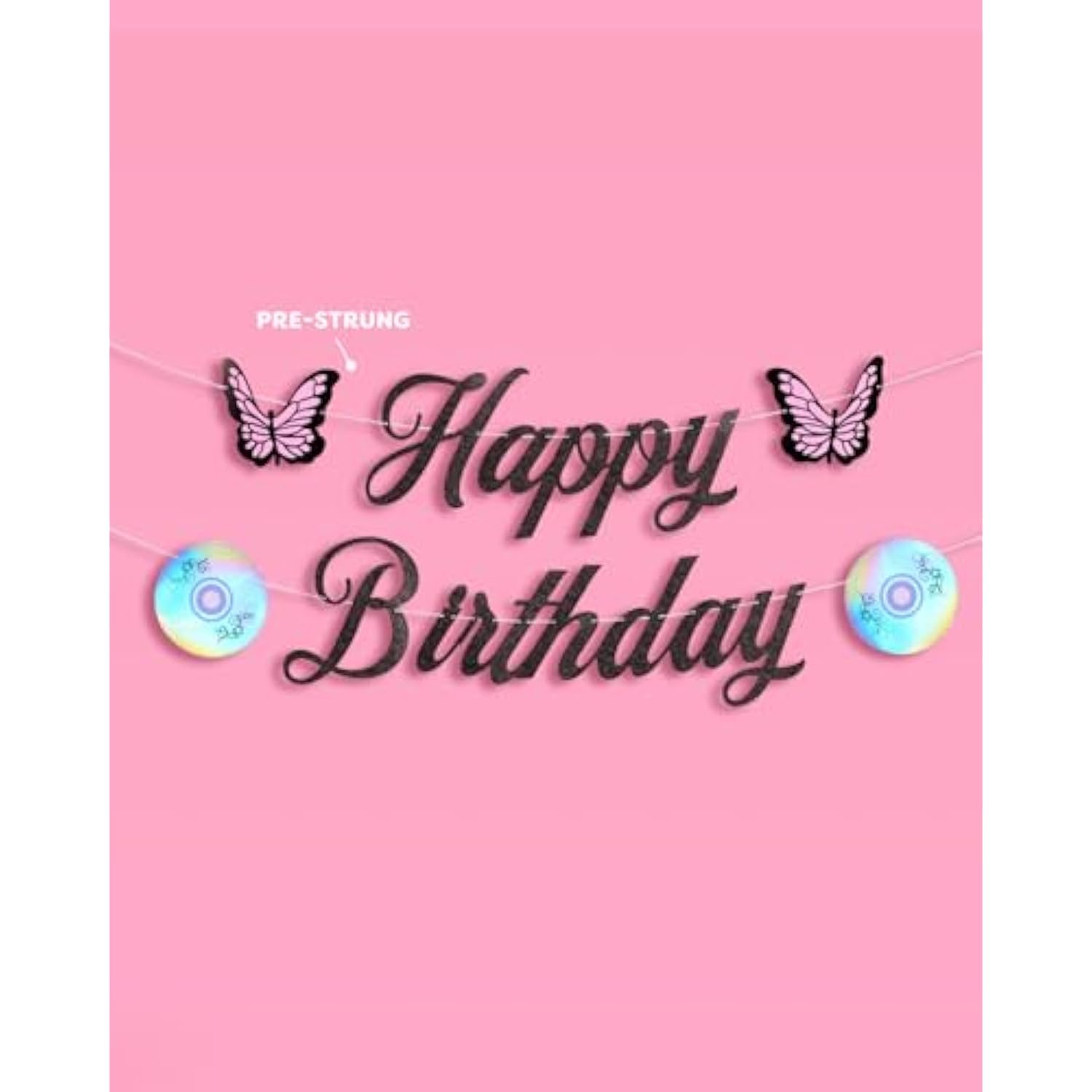 Y2K Birthday Banner - 4.5' | Early 2000S Birthday, Decorations, Butterfly Party, Black, Glitter, Retro, 90S, Cd Decor