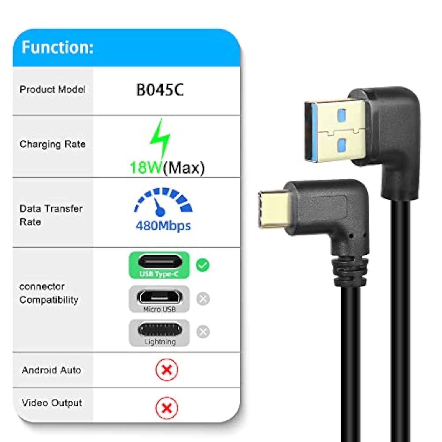 Gold Plated Short Right Angle Usb Type C Cable, 90 Degree 18W Fast Charging Us