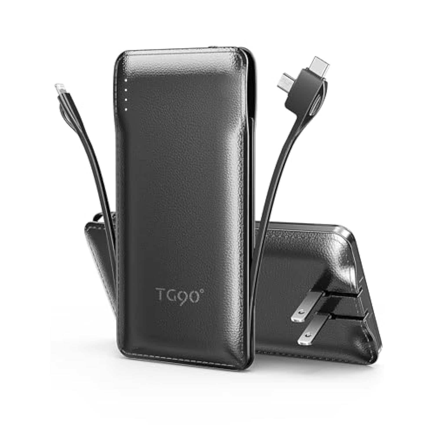 Tg90° 10000Mah Portable Charger With Built-In Ac Wall Plug And Cables, Ultra Slim Usb C Power Bank External Battery Pack Compatible With Iphone And Android Phones