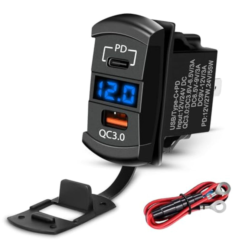 Rocker Switch Outlet, 36W Qc 3.0 Usb-A & 55W Pd Usb-C Port Charger Socket, Led Voltmeter For Car Boat