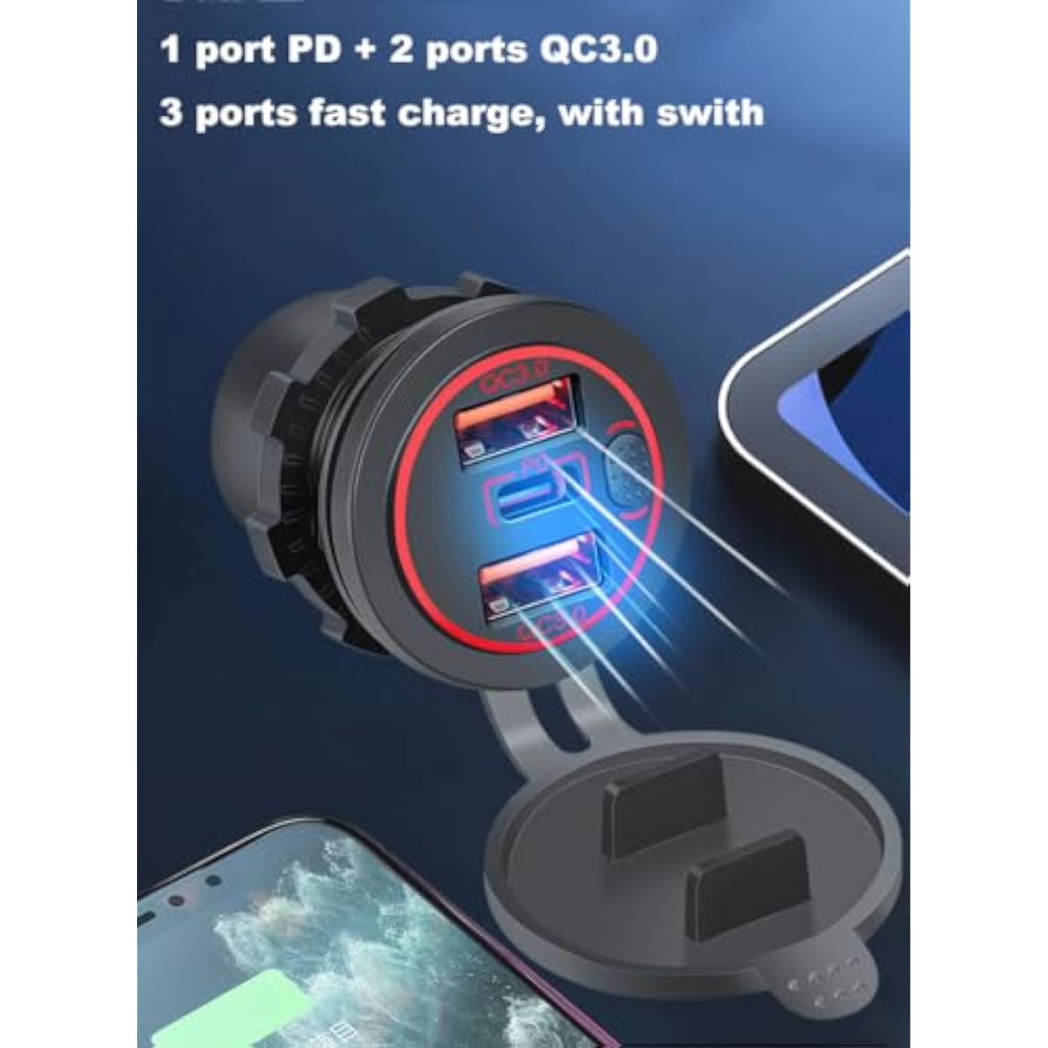 3 Ports 18W Usb Car Charger With Switch, 12-24V Dual Qc 3.0 Usb & Pd Usb C Cigarette Lighter Socket Outlet, Dashboard Mount Quick Charge Charger For Car Truck Marine Boat, Green Light