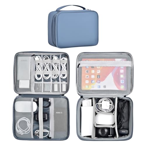 Double Layer Leather Cable Organizer Bag Large Capacity Waterproof Tech Organizer Case For Travel Electronics Accessories Storage Case With Adjustable Divider(Gray&Blue, Double Layer-Large)