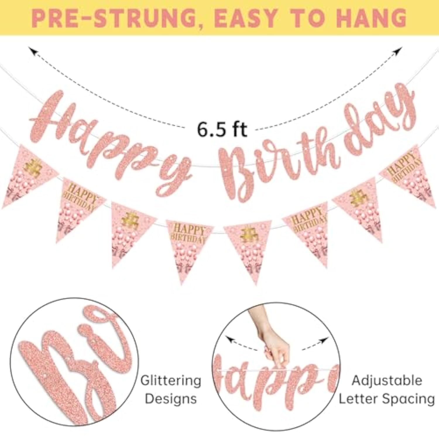 Pink Rose Gold Birthday Decorations For Girls Women, Happy Birthday Banner Stars Hanging Swirls Happy Bday Decoration Party Supplies Sign