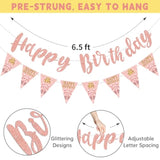 Pink Rose Gold Birthday Decorations For Girls Women, Happy Birthday Banner Stars Hanging Swirls Happy Bday Decoration Party Supplies Sign