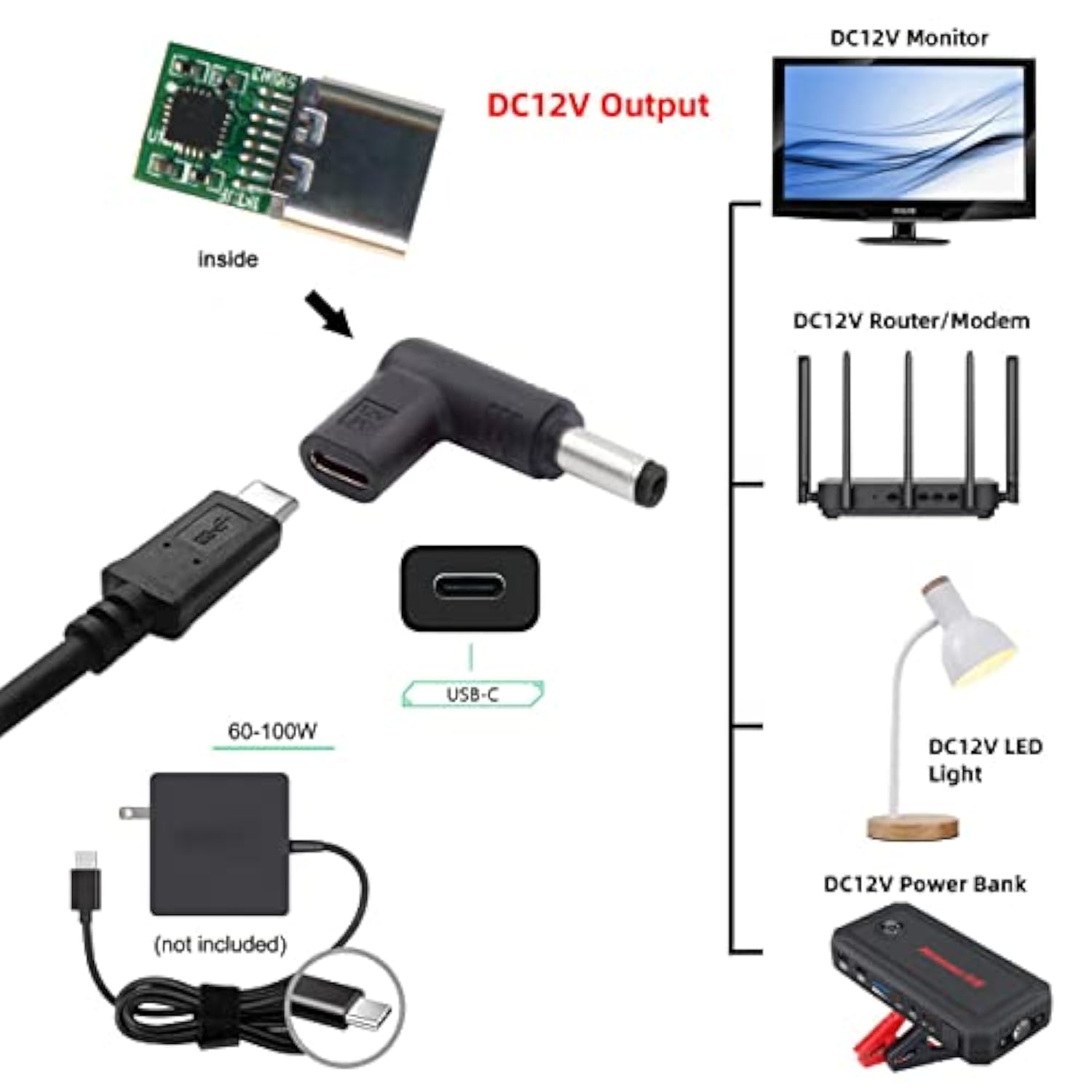 xiwai USB 3.1 Type C USB-C Female to DC 12V 5.5x2.1mm Plug Adapter PD Emulator