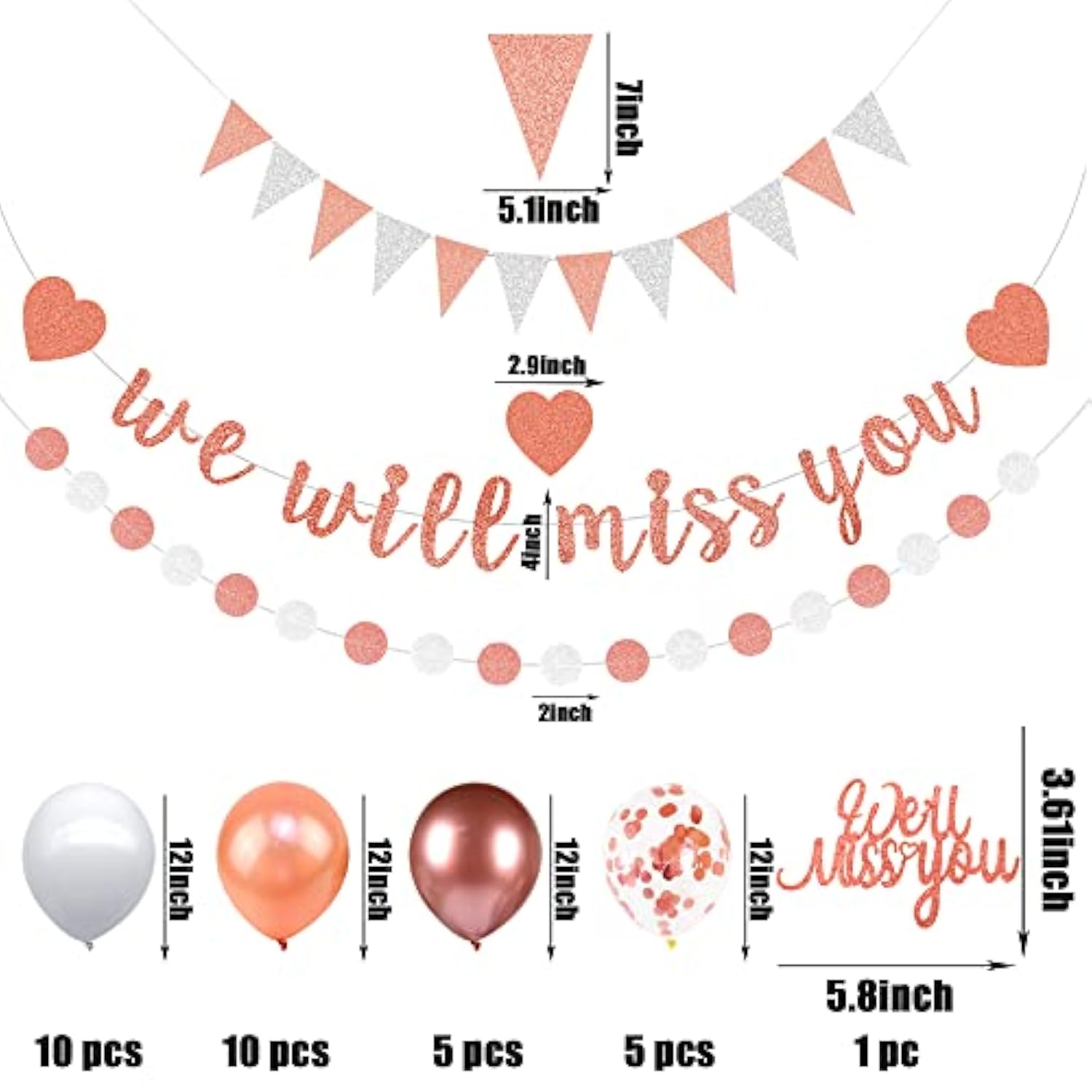 We Will Miss You Banner Rose Gold Farewell Party Decorations with Glitter Garland
