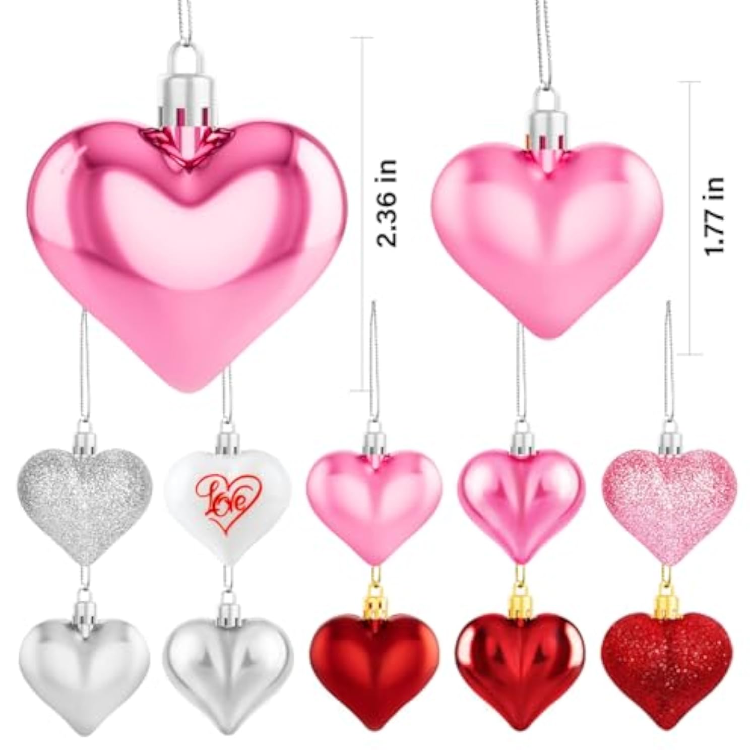 36Pcs Valentines Day Decor Heart Ornaments Classic Red Pink Silver Valentines Decorations Heart Shaped Baubles Hanging Ornaments For Valentine’S Day Christmas Tree Wedding Anniversary Party