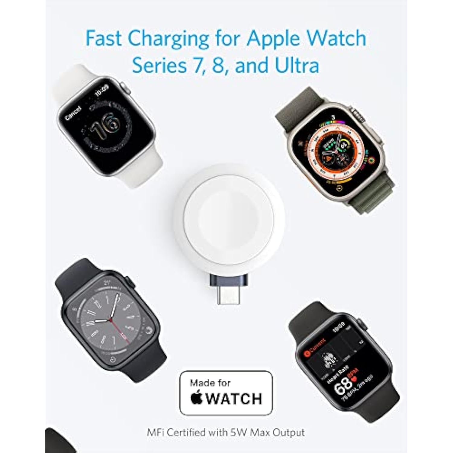 Anker Upgraded Portable Wireless Magnetic Charger for Apple Watch, 5W Max MFi-Certified with USB-C Connector, Fast Charging for Apple Watch Ultra/SE/8/7/6/5/4/3/2