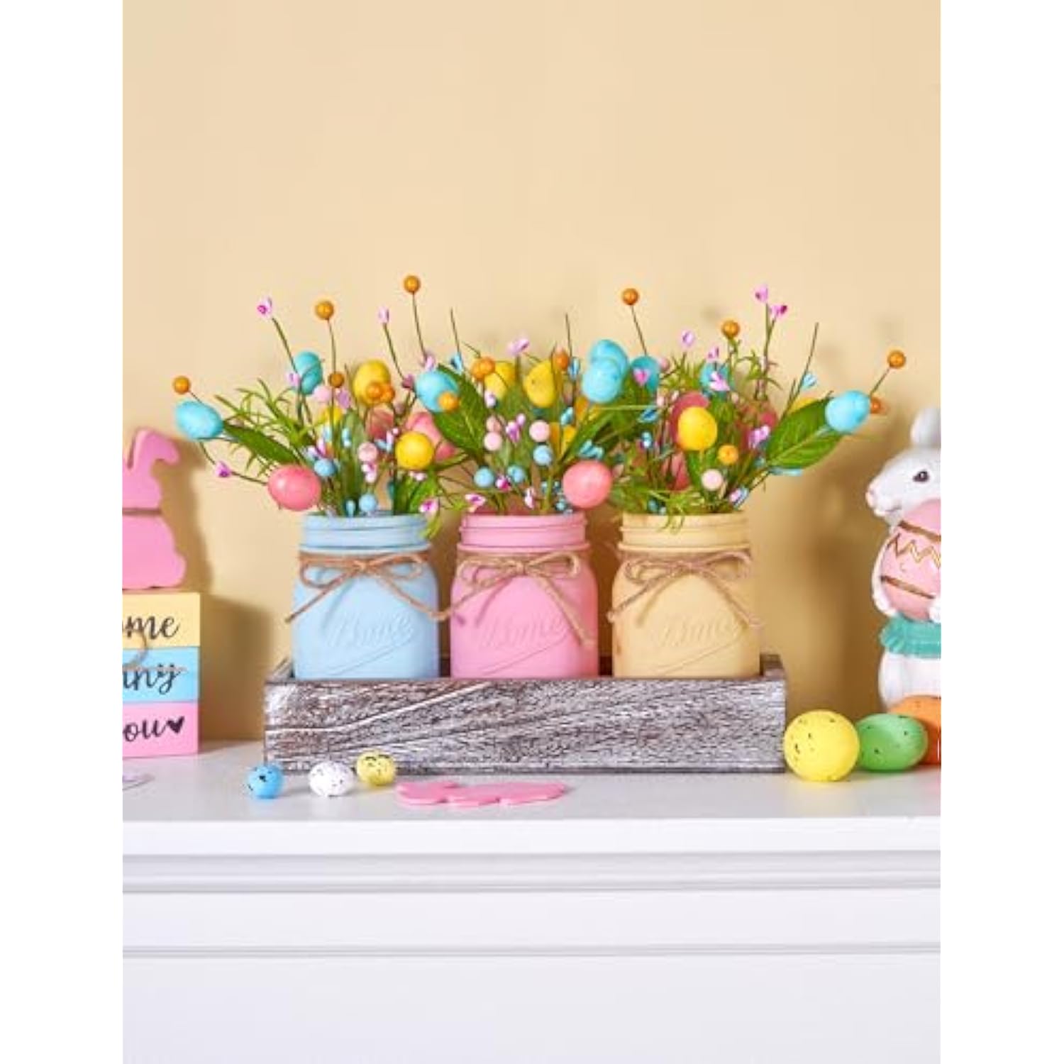 Mason Jar Spring Easter Table Decor, Centerpieces For Tables With Pastel Easter Eggs And Berries, Farmhouse Wood Tray, 22 Pcs Easter Spring Decorations Indoor For Home Office Table