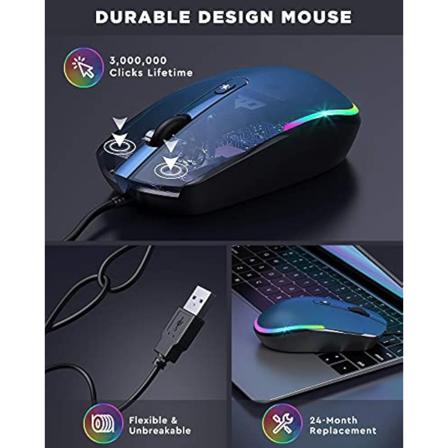 seenda Wired Mouse - USB Computer Mouse Wired with RGB Backlit Optical LED Mou