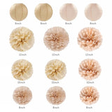 Boho Neutral Party Decor – 20pcs Beige, Gold, Peach Paper Lanterns, Fans, Pom Poms & More