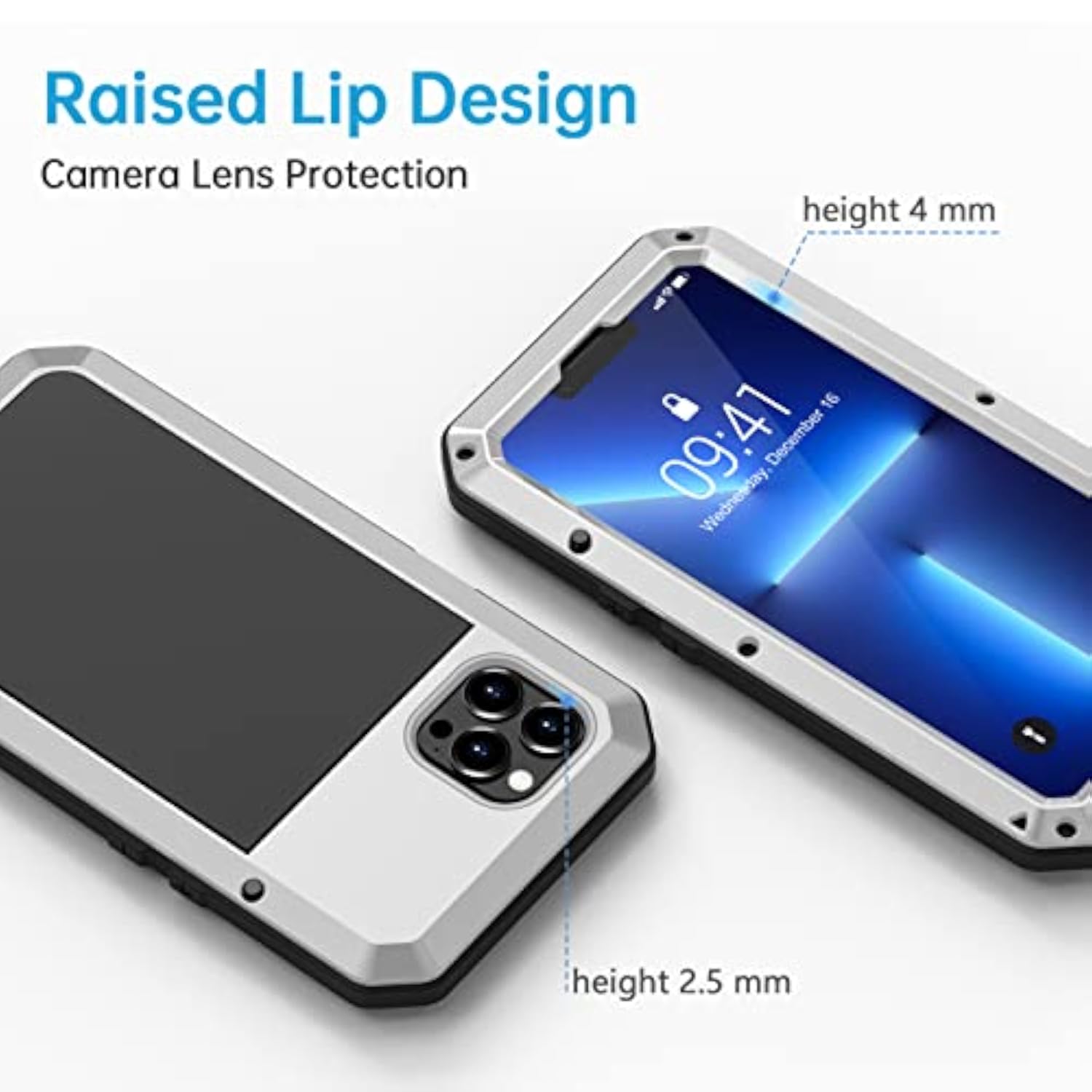 Heavy Duty Metal Case for iPhone 13 Pro 6.1 inch - Shockproof Rugged Cover with Built-in Glass Screen Protector - Silver