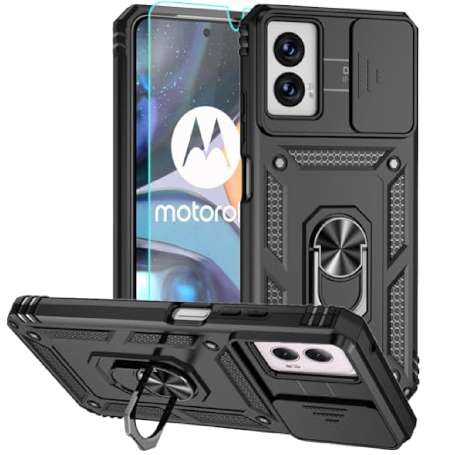 Motorola G Power 2024 5G Phone Case with Sliding Camera Lens Cover and 360° Rotatable Kickstand Ring, Black