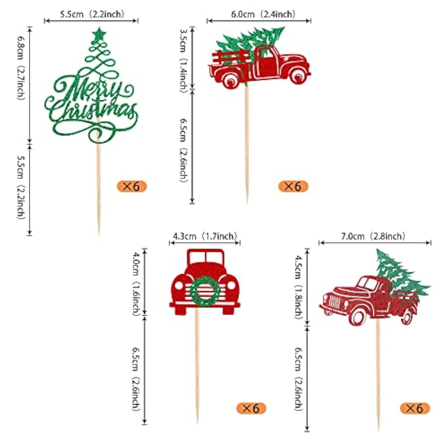 24pc Glitter Christmas Tree & Red Truck Cupcake Toppers Holiday Party Picks