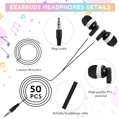 50 Pack Earbud Bulk Headphone For Classroom Earphone Earbud With Wire Individually Bagged Wired In Ear Buds(Black)