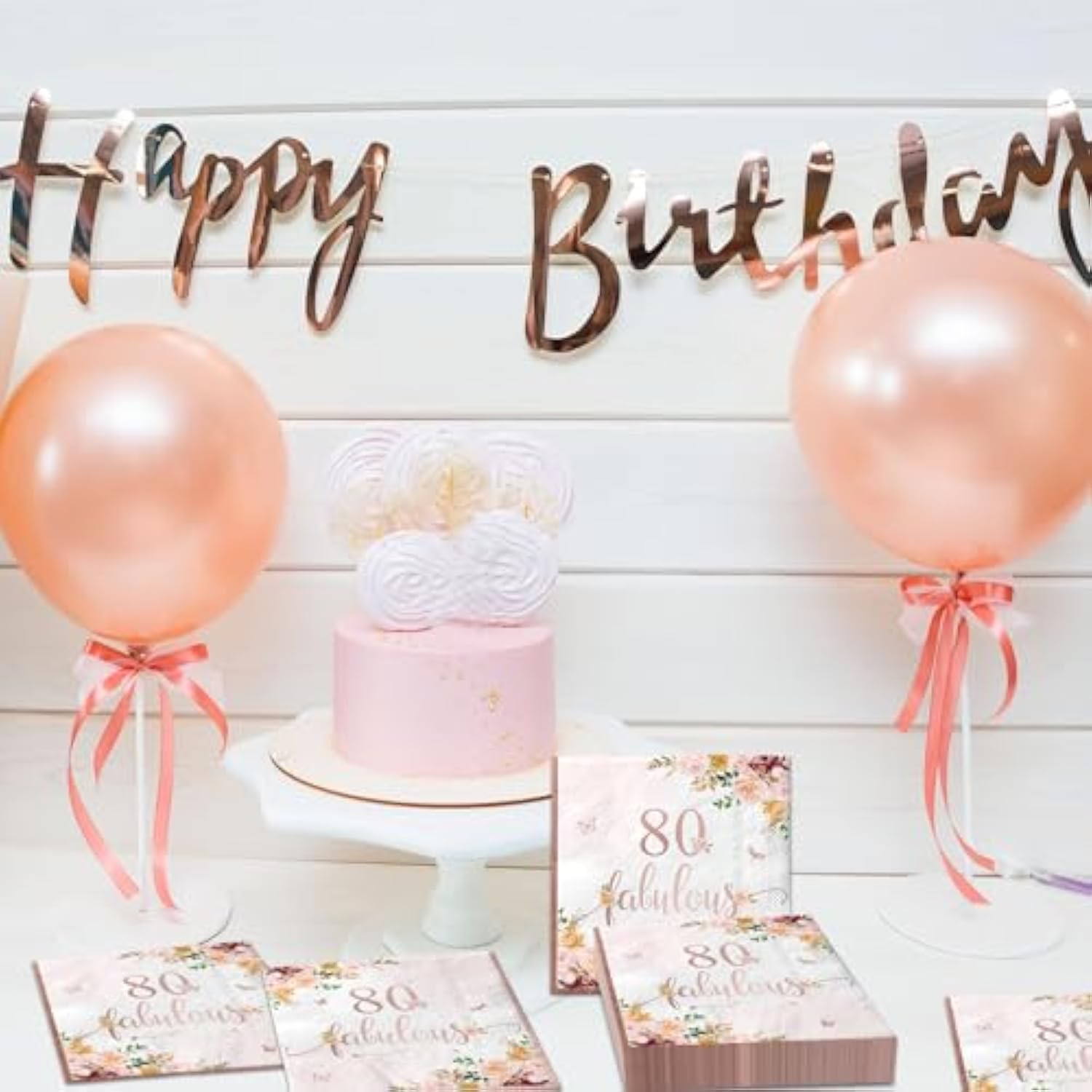 40Pieces 80Th Falulous Paper Napkin - Rose Gold Party Supplies Disposable Rose Gold Floral Theme Napkins For Women 80Th Birthday,Anniversary Wedding Party Favors