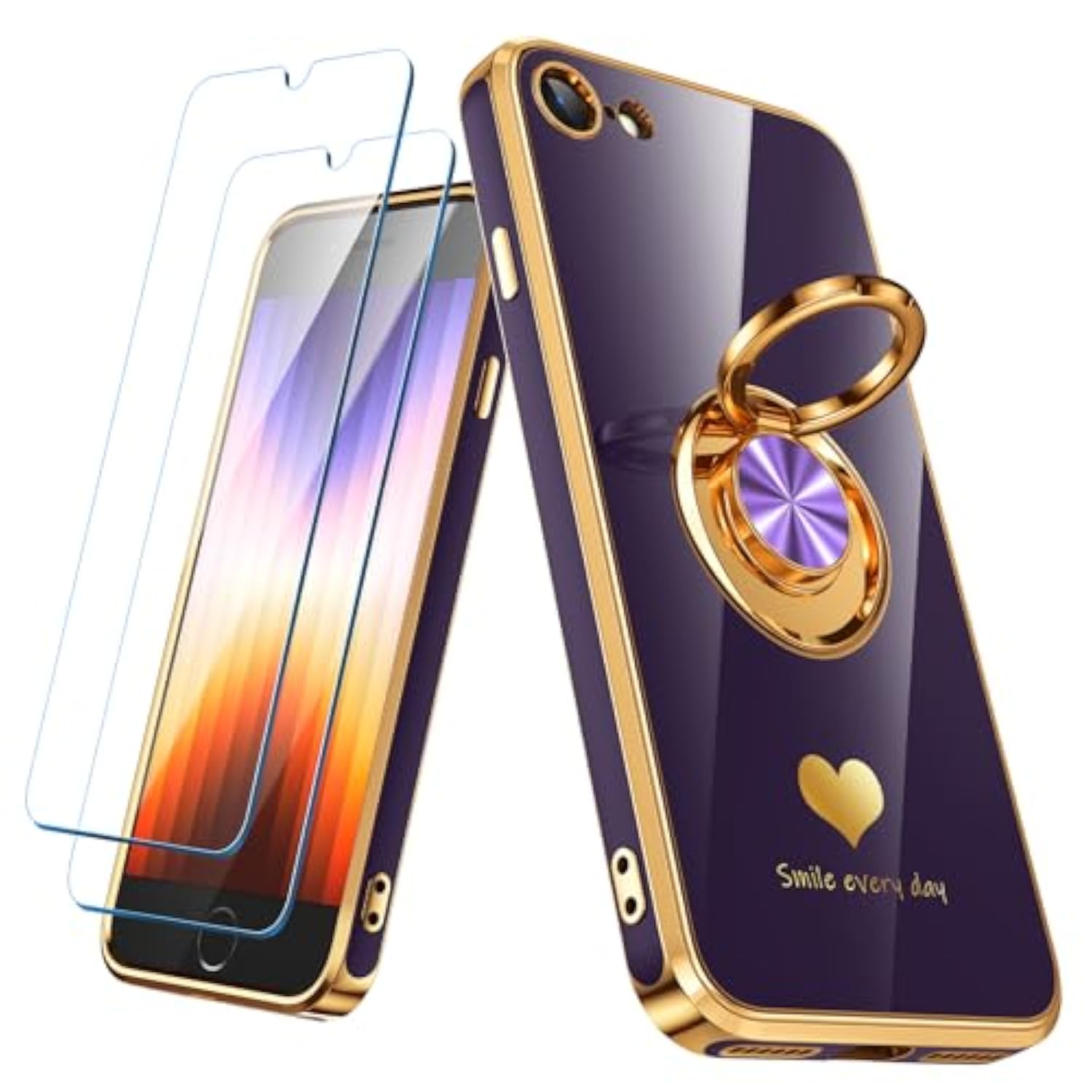 Compatible For Iphone Se/8/7 Case With 2 Pack Screen Protector, 360° Rotatable Ring Holder [Luxury Hearts Pattern] Plating Gold Edge Slim Soft Phone Case For Iphone Se/8/7 - Purple