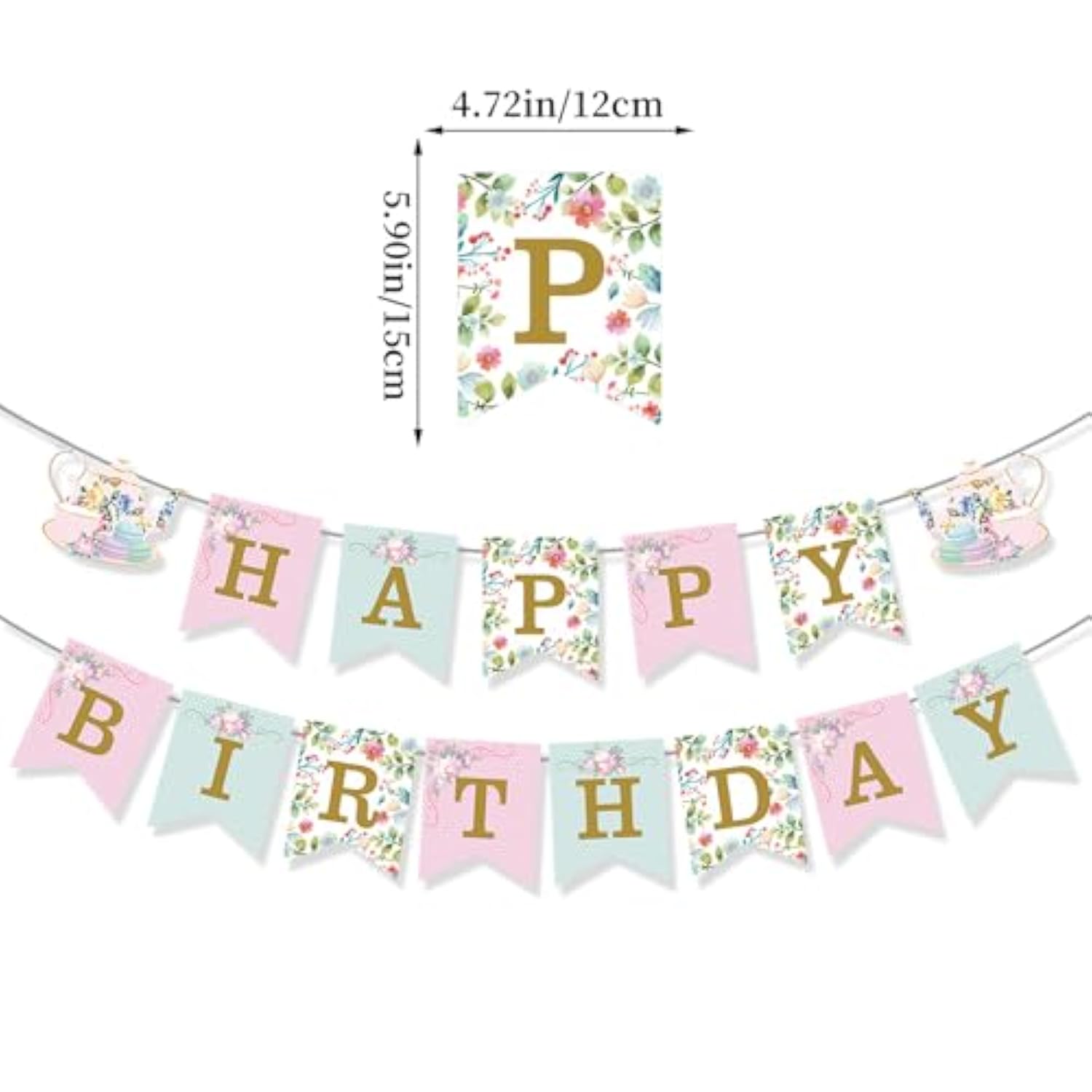 Floral Tea Party Decorations - Happy Birthday Banner, Hanging Swirls, For Girls Spring Summer Flower Theme Party Supplies