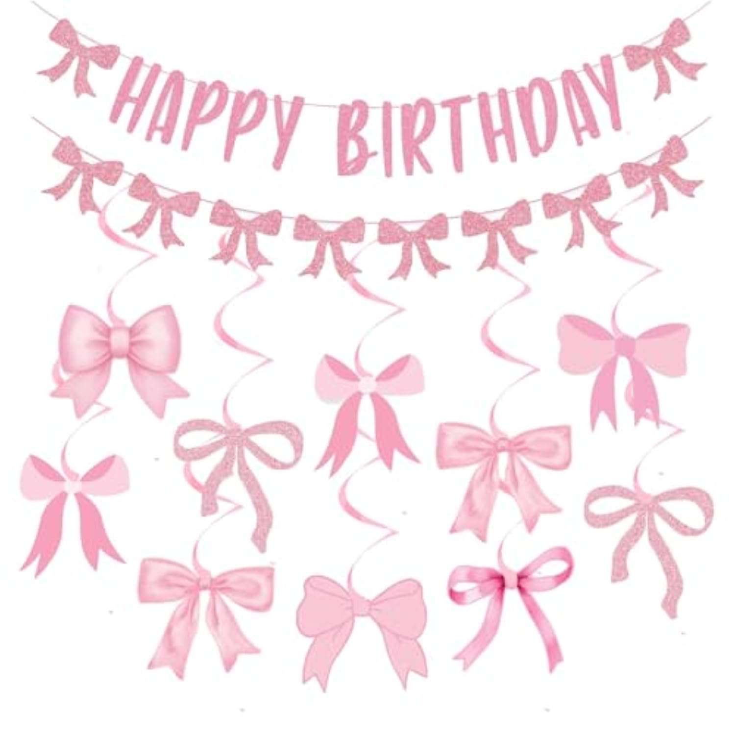 Pink Bow Birthday Decorations, Glitter Happy Birthday Banner And Hanging Swirls For Women Girls Bow Themed Party Decor, Baby Shower Party Supplies