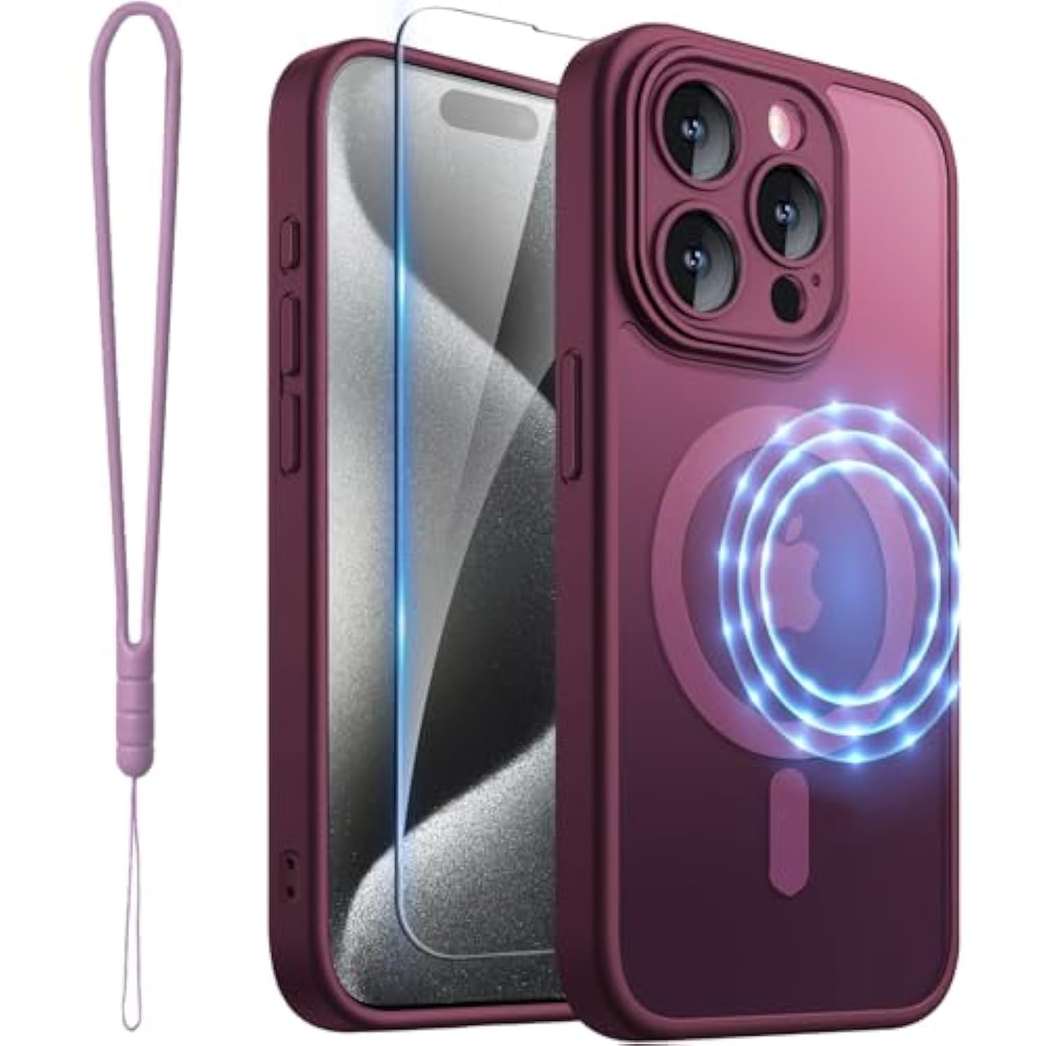 For Iphone 15 Pro-Max Matte Clear Case Compatible With Magsafe, Full Camera Lens Protection, Screen Protector, Wrist Strap, Translucent Magnetic Slim Hard Protective Phone Cover, Wine-Red