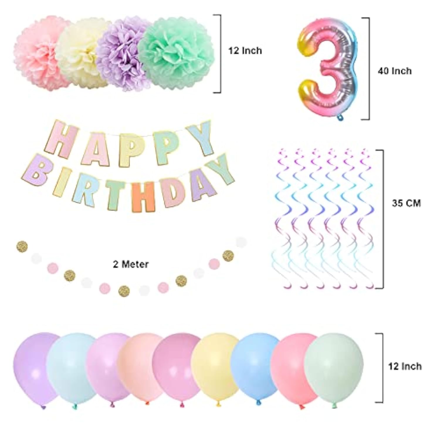 40" Rainbow Gradient Number 3 Balloon & Happy Birthday Banner 3rd Party Decor