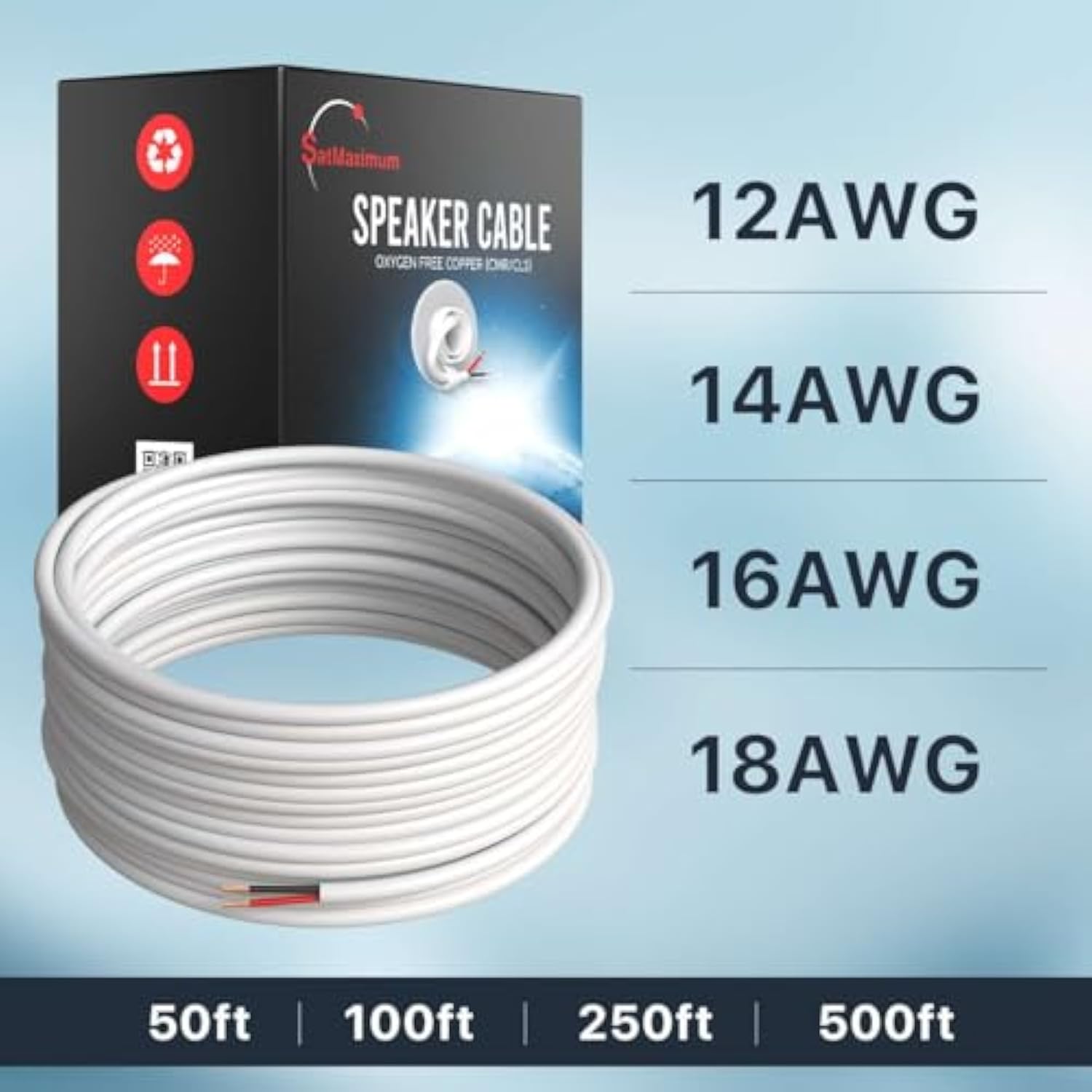 Cables Direct Online 16/2 50FT Speaker Cable Oxygen Free Copper, CL3 CMR in-Wall Rated, White Jacket, OFC Strands Compatible with Home Theater, Low Voltage