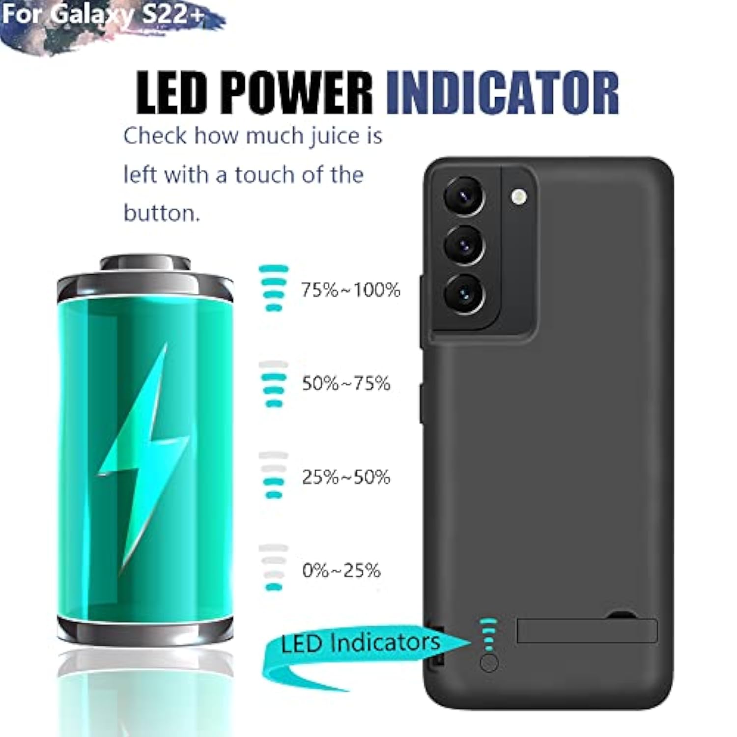 Battery Case For Samsung Galaxy S22+ / S22 Plus, 5000Mah Rechargeable Extended Battery Charging Charger Case, Add 100% Extra Juice (6.6 Inches) Black